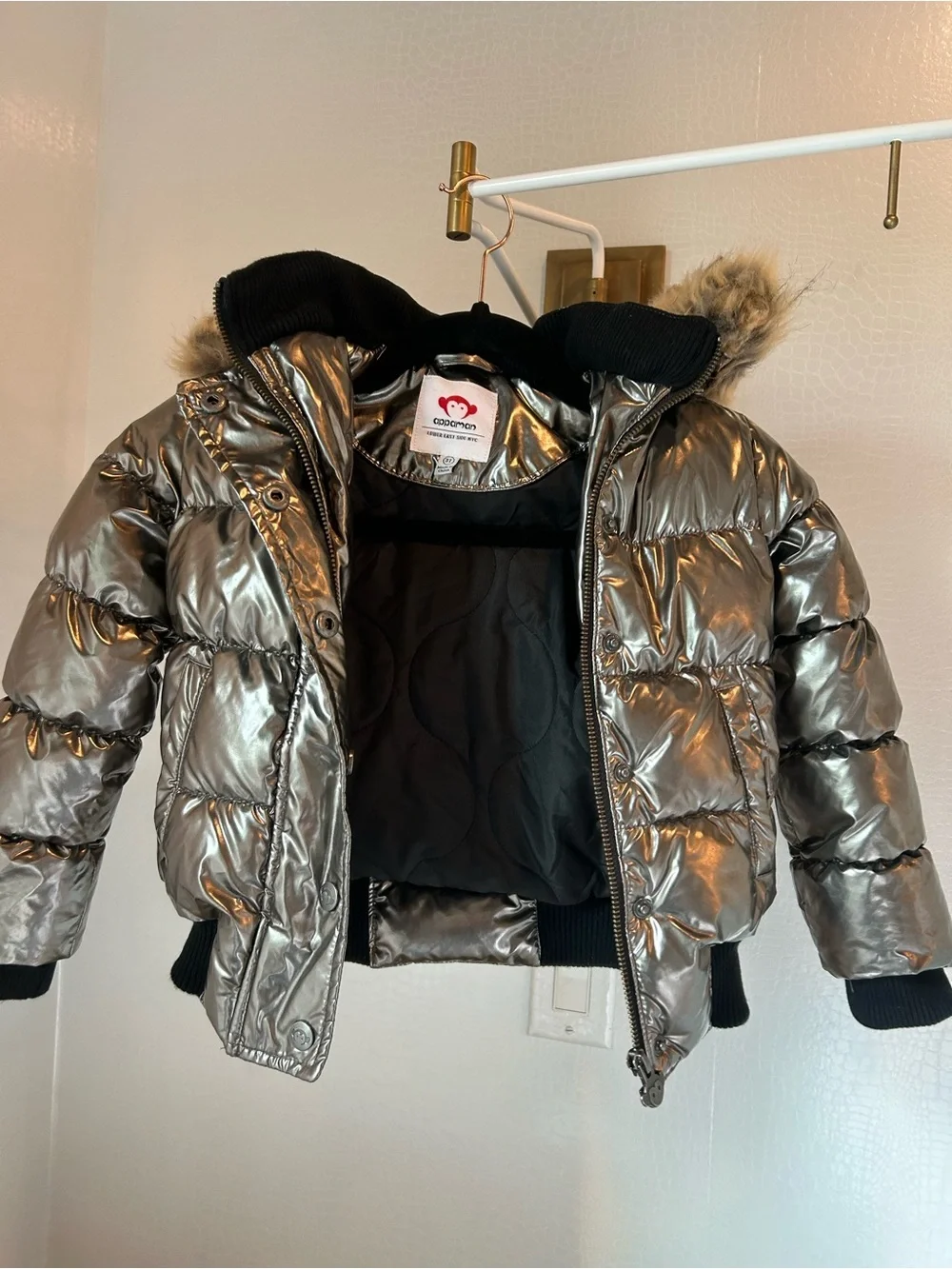 Appaman - Worn Once! Kids Metallic Puffer Jacket with Faux Fur Hood - Silver